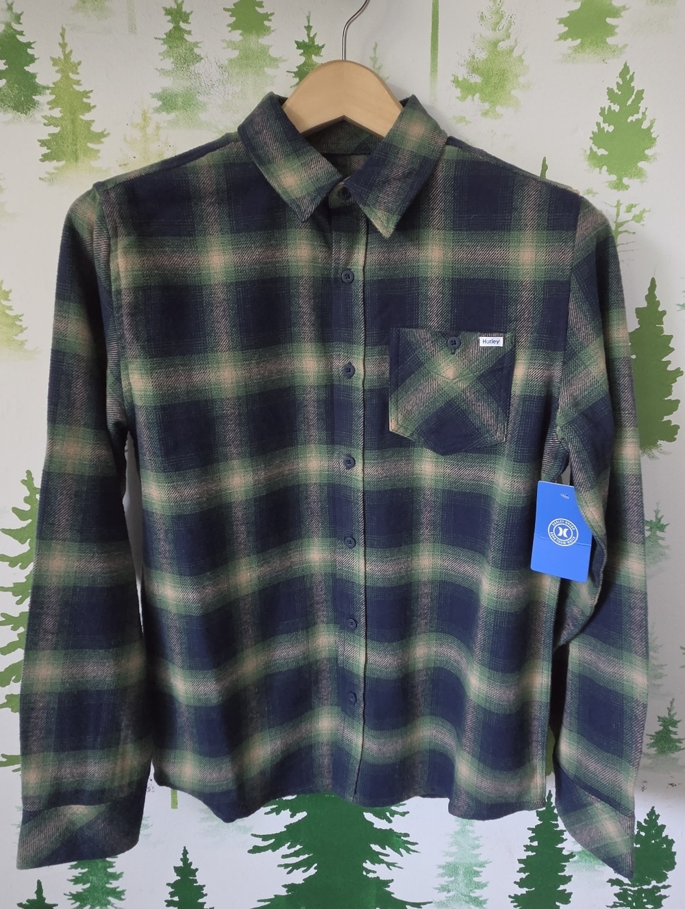 Hurley Green and Navy Plaid Long-Sleeve Button-Down Shirt